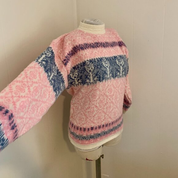 VTG 80s 90s Pastel Pink Spunky Crewneck Knit Sweater Turtleneck Cosby Snowflake - Picture 7 of 15